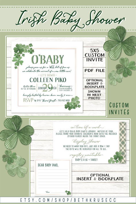 The perfect springtime Baby Shower whether you're Irish or just for St. Patrick's Day. Classy watercolor shamrocks and cute Irish O'Baby theme. Printable customized files to creat a unique Shower with a touch of Ireland. Shamrock Baby Shower Ideas, St Patricks Baby, Baby Theme, Irish Baby, Baby Printables, Coed Baby Shower, Unique Shower, Saint Patties, Baby Themes