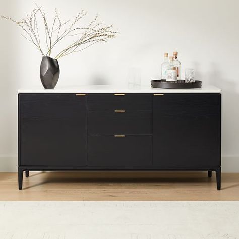 Minimal Interior Living Room, Buffet Cabinet Decor, Apartment Entertainment Center, Front Room Designs, Black Buffet Sideboard, Modern Black Sideboard, Modern Buffet Table, Black Credenza, Black Sideboard Buffet