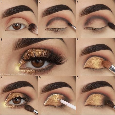 Gold Eyeshadow Looks, Easy Eye Makeup Tutorial, Everyday Eyeshadow, Eyeshadow Tutorial For Beginners, Prom Eye Makeup, Eyebrow Eyeshadow, Makeup Tutorial Eyeshadow, Smink Inspiration, Eye Makeup Steps