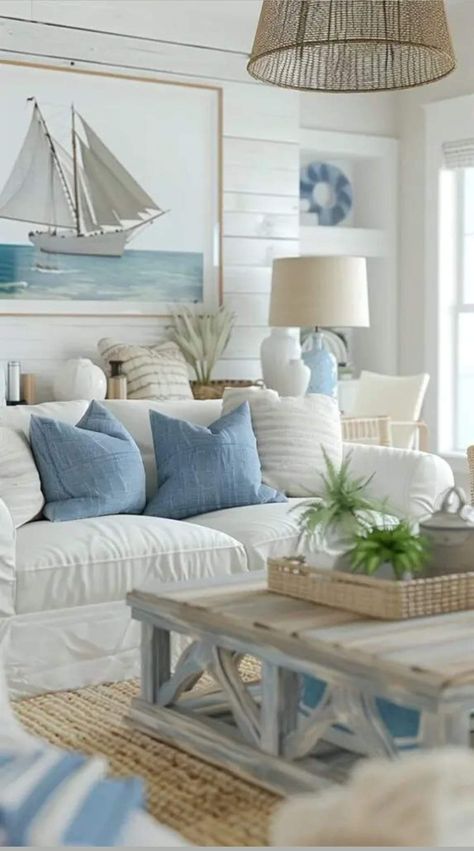 Beach Blue Living Room, Hamptons Style Furniture, Scandi Coastal Living Rooms, Coastal Modern Interior, Beach Home Decor Coastal Style, Coastal Grandma Living Room Ideas, Decorating A Beach House, Beach Style Interior Design, Coastal Interior Design Ideas