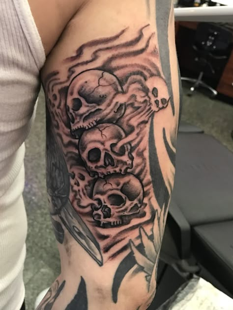 Bunch of skulls tattoo Three Skulls Tattoo, Skull Arm Tattoo, Sinner Tattoo, Arm Tattoos For Guys Forearm, Satanic Tattoos, Skulls Tattoo, Half Sleeve Tattoos Forearm, Mexican Art Tattoos, Skull Sleeve