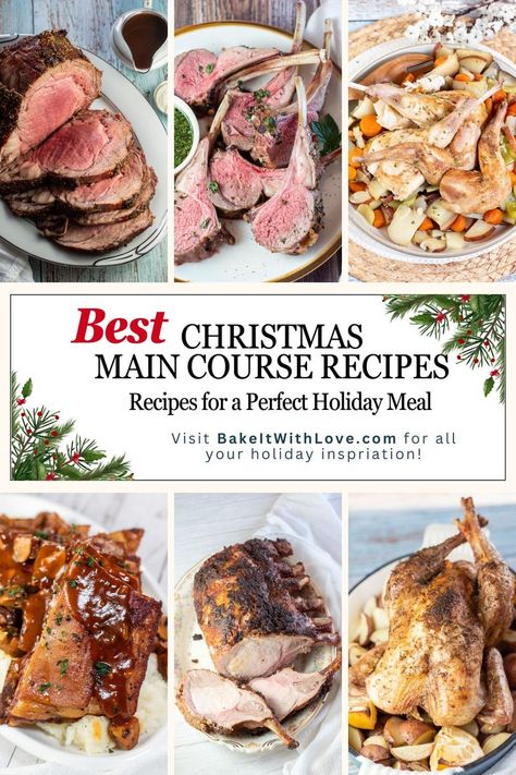 Six images showing different tasty main courses including roasts, pheasant, and rabbit that would be perfect for christmas dinner. Christmas Entree, Main Dish Ideas, Christmas Main Course Recipes, Christmas Main Course, Grilled Prime Rib, Roasted Rack Of Lamb, Smoked Corned Beef, Roasted Quail, Roast Rack Of Lamb