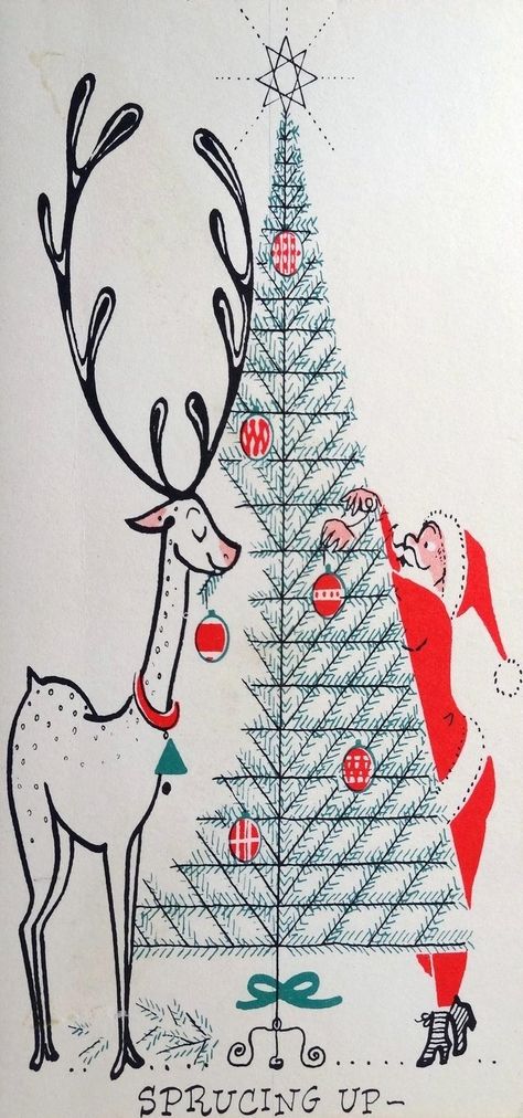 Mid Century Christmas card - Santa and reindeer decorate a Christmas tree Santa Klaus, Mid Century Modern Christmas, Vintage Holiday Cards, Vintage Christmas Images, Mid Century Christmas, Christmas Car, Christmas Graphics, Old Christmas, Old Fashioned Christmas