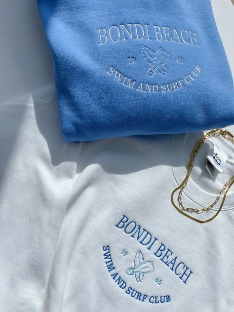 Beach Club Sweatshirt, Blue And White Clothes, Coastal Sweatshirt, Sweatshirts Collection, Jumper Embroidery, Beach Sweatshirt, Summer Sweatshirt, Delivery Bag, Surf Club