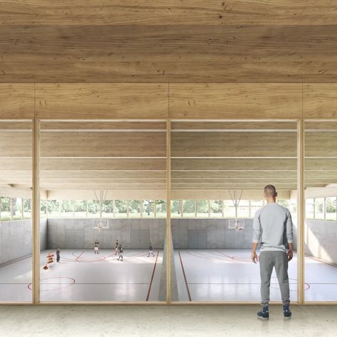 Josep Ferrando Bramona, David Recio Muniesa · Sport Pavilion · Divisare Sports Facility Architecture, Basketball Room, Wood Facade, Youth Center, Sport Hall, Architecture Concept Drawings, Sports Complex, Concert Hall, Concept Architecture