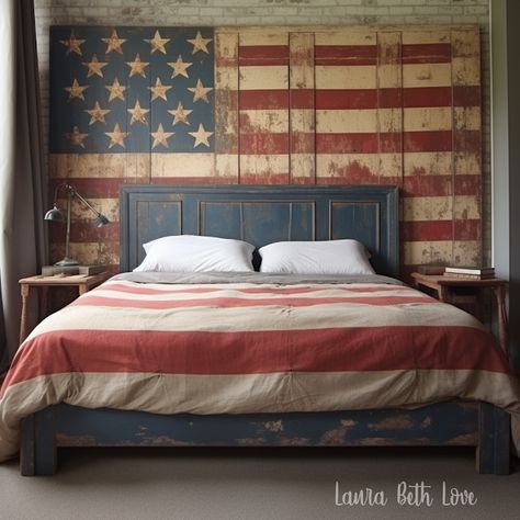 Red White And Blue Room Ideas Bedrooms, Patriotic Room Decor, Patriotic Bedroom Ideas, American Flag Room, Red White And Blue Bedroom, Patriotic Bedroom, Red Painted Furniture, Americana Home, Upcycle Repurpose