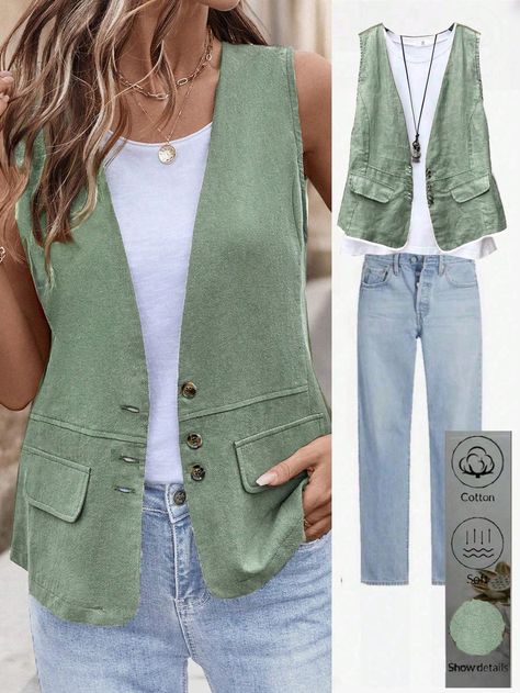 Women's Solid Color Casual Pockets Decorated Vest Jacket Olive Green Casual  Sleeveless Woven Fabric Plain vest Non-Stretch  Women Clothing, size features are:Bust: ,Length: ,Sleeve Length: Plain Vest, Chaleco Casual, Autumn Jacket Women, Pyjama Satin, Minimalist Fashion Women, Short Cardigan, Casual Vest, Sleeveless Jacket, Cardigan Vest