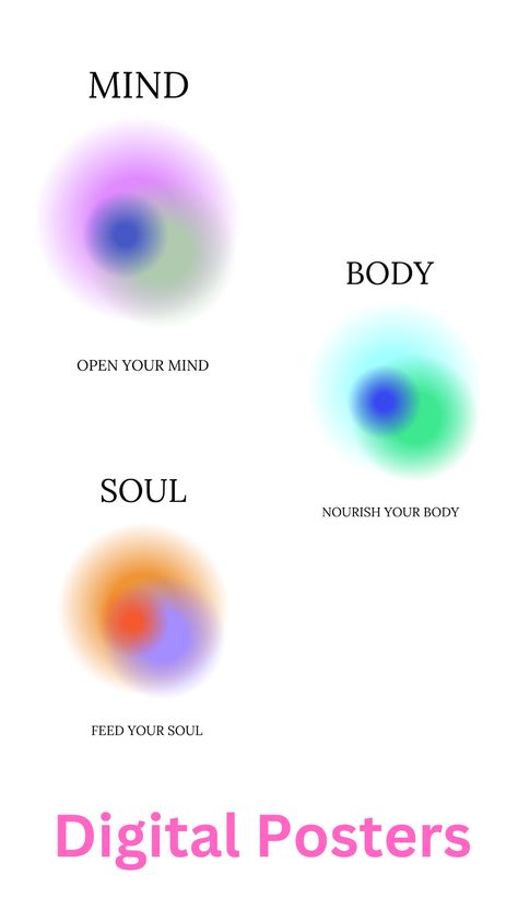 Set Of 3 Positive Aura Posters, Spiritual Poster, Grainy Gradient, Gradient Print, Colorful Aura Poster, Trendy Wall Art of Mind Body Soul Mind Relaxing Quotes, Mind Body Soul Art, Relaxing Quotes, Relaxing Wall Art, Aura Posters, Colorful Aura, Mind Relaxing, Spiritual Poster, Relax Quotes