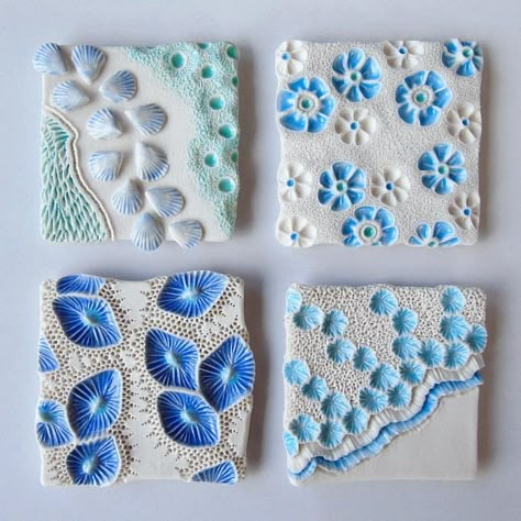 Ceramic Tile Art, Ceramic Texture, Handmade Ceramic Tiles, Clay Wall Art, Ceramic Wall Art, Clay Tiles, Tile Designs, Porcelain Art, Blue Tiles