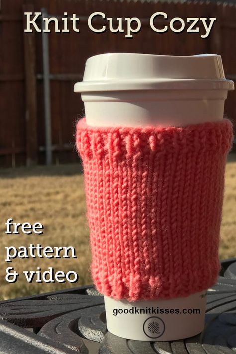 Basic Knit Cup Cozy free knitting pattern and tutorial video. Makes a great gift you can easily embellish and personalize. https://www.goodknitkisses.com/basic-knit-cup-cozy-needle/ #knit #knitting #howtoknit #knitpattern #knittingvideo #cupcozy Knit Coffee Cozy Pattern, Cup Cozy Knitting Pattern, Knit Cup Cozy, Knit Coffee Cozy, Coffee Cozy Pattern, Mug Cozy Pattern, Easy Knit Hat, Cup Cozy Pattern, Coffee Cup Cozy