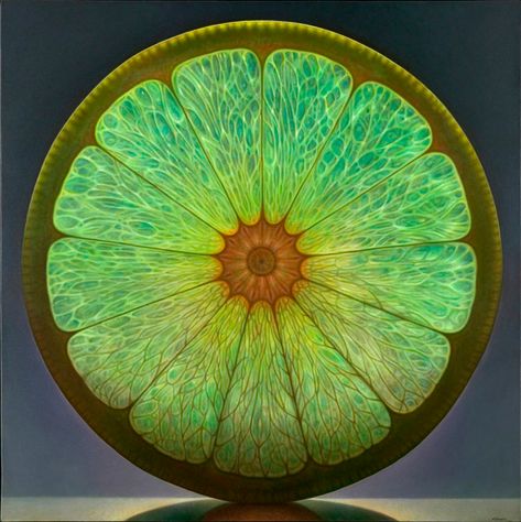 Luminous Portraits of Sliced Fruit Glow Like Stained Glass Windows | Colossal Dennis Wojtkiewicz, Glass Cactus, Mythical Dragons, Bottle Tree, Collections Of Objects, Colossal Art, Fruit Painting, Realistic Paintings, Blue Bottle