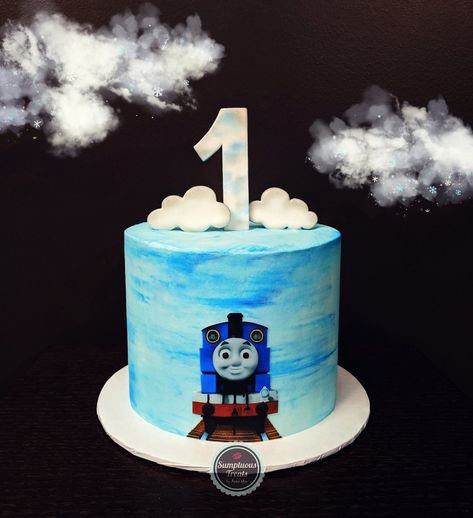 Thomas The Train Smash Cake, Thomas Train Cake, Thomas Cakes, Thomas Birthday, Themed 1st Birthday, Cloud Cake, Train Cake, Train Theme, Edible Image Cake