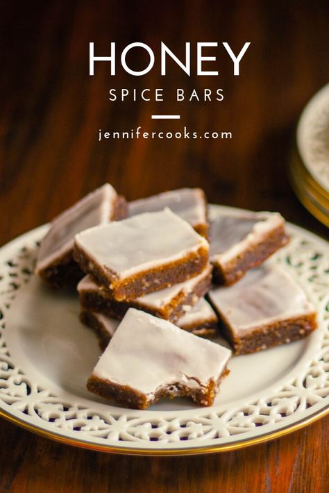 Honey Spice Bars | JenniferCooks.com  #desserts #dessertrecipes #dessertrecipeseasy #dessertseasy #cookiebars #cookiebarrecipes Honey Bars Recipe, Spice Bars Recipe, Spiced Honey Cake, Honey Walnut Shortbread Bars, Honey Sweetened Brownies, Honey Bunches Of Oats Bars, Honey Bars, Spice Bars, Honey Bar