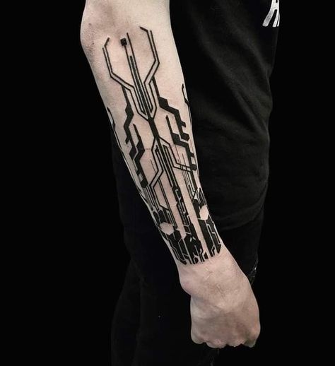 Tron Tattoo Ideas, Circuitry Tattoo, Sandevistan Tattoo, Mecha Tattoo, Moving On Tattoos, Tech Tattoo, Geometric Tattoo Pattern, Cyberpunk Tattoo, Surreal Tattoo