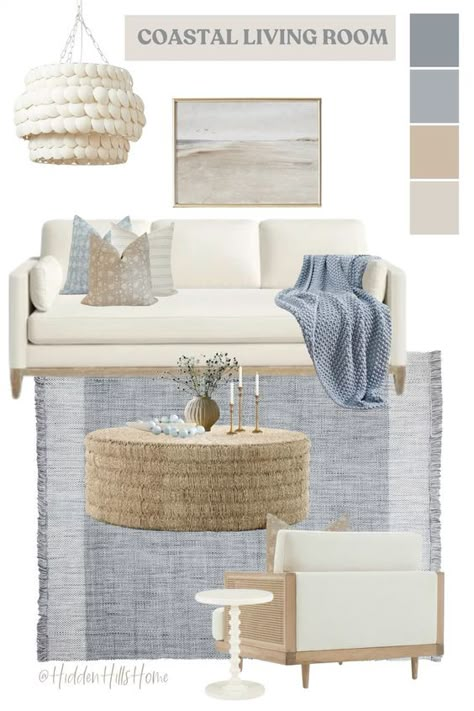 Coastal living room decor mood board with blue, cream and tan tones! Cozy coastal living room decor ideas, Beach house living room inspiration Coastal Chic Mood Board, Beach Theme Living Room Coastal Style, Den Furniture Ideas, Blue Coastal Living Room, Room Decor Mood Board, Bay Living Room, Blue And Cream Living Room, Cream Sofa Living Room, Cozy Coastal Living Room