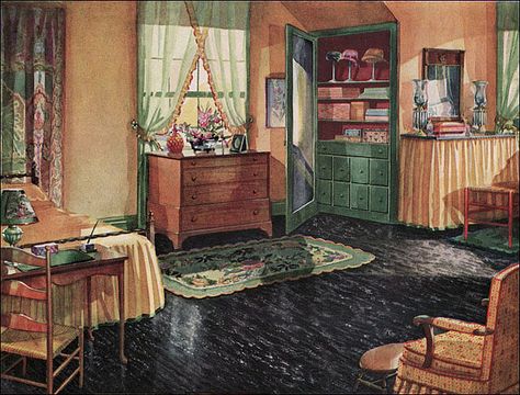 1930 Bedroom - Armstrong Linoleum advertisement 1930s Bedroom, 1920s Bedroom, 1930s Decor, 1920 House, 1920s Interior, Old House Interior, 1920s House, Attic Design, Vintage House Plans