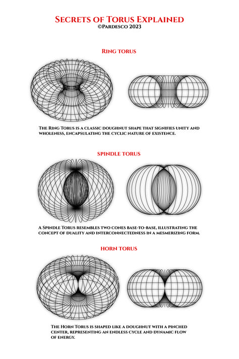 Explore the Horn Torus, Spindle Torus, and Ring Torus in our detailed blog post! Understand their distinct shapes and the spiritual insights they offer. Tap to read more! Torus Tattoos, Torus Field Tattoo, Torus Symbol, Torus Field, Torus Geometry, Torus Mandala, Torus Sacred Geometry, How To Draw Sacred Geometry, Theodorus Spiral Art