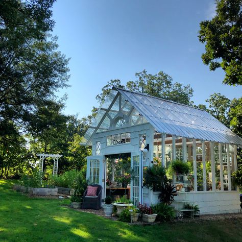 Flower Garden Greenhouse, Greenhouse Vintage Windows, Studio Greenhouse, Greenhouse Antique Windows, Aesthetic Greenhouse, Greenhouses Ideas, Old Greenhouse Victorian, Greenhouse Planting, Greenhouse Full Of Flowers