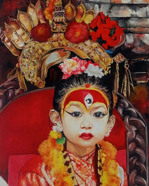 Kumari Goddess Painting, Nepal Painting, Nepali Art, Watercolor Reference, Nepali Jewelry, Nepal Art, Heritage Art, Nepal Culture, South Asian Art