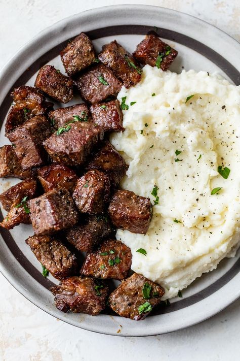 Air Fryer Steak Bites – WellPlated.com Dinner Ideas For Meal Planning, Garlic Butter Steak Bites With Mashed Potatoes, Dinner Ideas With Steak Bites, Mashed Potatoes With Steak, Mashed Potatoe Dinner Recipes, Meals To Make With Mashed Potatoes, Steak Tips And Mashed Potatoes, Dinner Ideas Mashed Potatoes, Stake And Mashed Potatoes