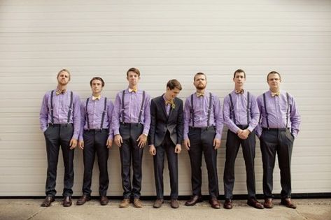 Cute groomsmen outfit and photography idea #lavenderweddings #groomsmenideas Groomsmen Attire Purple, Purple Groomsmen, Groomsmen Outfits, Wedding Colors Purple, Wedding Party Shirts, Groom And Groomsmen Attire, Wedding Groomsmen, Groomsmen Attire, Lavender Wedding