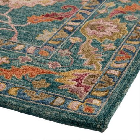 Teal and Multicolor Floral Tufted Wool Raya Area Rug | World Market Teal And Gold Rugs, Teal Rugs In Living Room, Rug For Home Office, Florida Kitchen, Peach Walls, Teal Bedroom, African Rugs, Area Rug Sets, Teal Rug