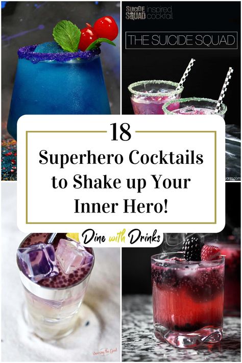 Collage of 4 superhero cocktails. Marvel Inspired Cocktails, Marvel Cocktails, Superman Drink, Superhero Drinks, Superhero Wedding Theme, Marvel Or Dc, Villains Party, Birthday Party Drinks, Marvel Party