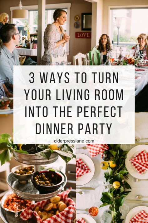 If you've ever felt like you wouldn't be able to host because of your home let me help you out! Any home can host with the right steps. Here are 3 ways to turn your living room into the perfect dinner party! #dinnerparty #hosting #hostingtips #cookingforgroups #hostingdinner #livingroomspace #homehostingtips #perfectdinnerparty #hostaparty #throwaparty #grouphosting In Home Dinner Party, Dinner Party In Living Room, Hosting Large Dinner Party, House Party Menu Ideas, Dinner Party For 15 People, How To Host A Dinner Party Small Spaces, Hosting A Dinner Party Small Apartments, Hosting A Work Party At Home, Dinners For Hosting Guests