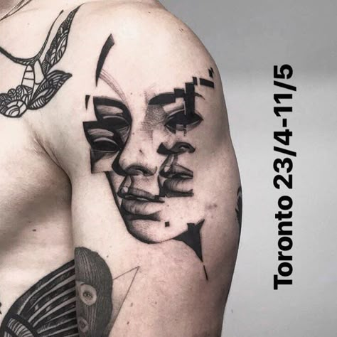 @nickavge on Instagram: “I’m booking for my next visit in Toronto  at @holynoirtattoo  From 23/4 until 11/5  Booking only through email 🙌  #torontotattoo…” Abstract Portrait Tattoo, Abstract Face Tattoo, Tattoo Puntillismo, Glitch Tattoo, Satanic Tattoos, Inspo Tattoo, Surreal Tattoo, Fake Skin, Grunge Tattoo