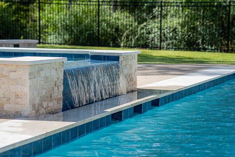 Raised Spa with Spillover Spa Spillover Into Pool, Pool With Spill Over Spa, Raised Spa With Spillover, Spill Over Spa Pools, Hot Tub Waterfall Into Pool, Freeform Pool With Spa And Tanning Ledge, Pool With Spa Amd Sun Shelf, Jacuzzi Waterfall Into Pool, Spa Waterfall