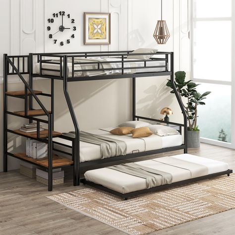 PRICES MAY VARY. 【Metal Bunk Beds for Kids】When there are lots of family members or a lot of kids then a twin over full size bunk bed could be just the right choice for the whole family.The space-saving bed makes full use of the vertical space,making it perfect for small rooms.It can be widely used in kid room,dorm,or guest room. 【Twin over Full Bunk bed with Trundle】Equipped with a twin size trundle bed is easy to create the extra sleep space when friends stay over.The trundle bed has 4 univers Trundle Bed Ideas, Staircase Black, Black Bed Frames, Full Size Bunk Beds, Storage Staircase, Bunk Bed Frame, Boys Shared Bedroom, Modern Bunk Beds, Metal Bunk Bed