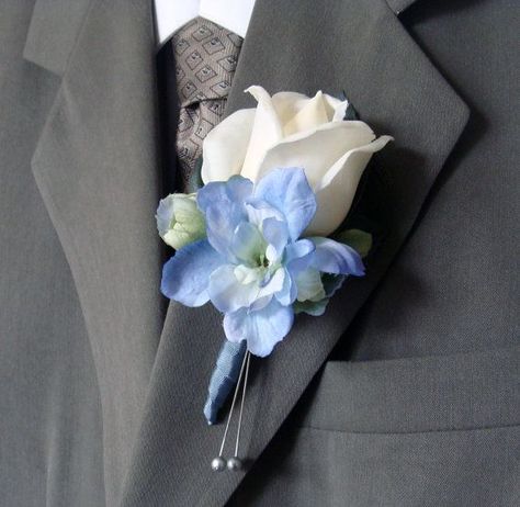 Father's Boutonniere Designed by Pamela's Flowers ~ A white freesia blossom accented with winter crystals, lamb's ear, and frosted mini pine cones. Description from pinterest.com. I searched for this on bing.com/images Wedding Flowers Blue Hydrangea, Hydrangea Boutonniere, Wedding Flowers Blue, Blue Boutonniere, Blue Delphinium, Wedding Flower Packages, Wedding Boutonniere, Purple Wedding Flowers, Blue Wedding Flowers