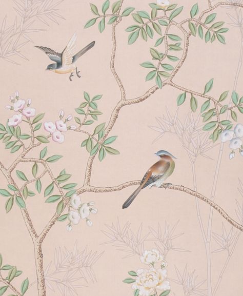 Wallpaper Degournay, Room Wallpaper Pink, Pink Toile Wallpaper, Degournay Wallpaper, Pink Chinoiserie Wallpaper, Blush Pink Paint, Wedding Stationary Design, Pink Accent Walls, Birds Theme