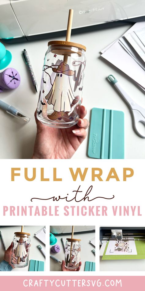 How To Make Cups With Vinyl Tumblers, How To Add Vinyl To Tumblers, How To Keep Vinyl From Peeling On Cups, Cricut Stickers For Cups, Diy Cup Wrap, How To Make A Glass Can Wrap, Glass Cup Sublimation Ideas, Cricut Vinyl Glass Cups, How To Make Vinyl Cup Wraps