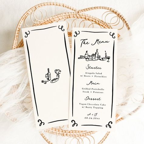 Whimsical Hand Drawn Wedding Menu Wedding Stationary Design, Wedding Dinner Menu, Hand Drawn Wedding, Elegant Dinner, Whimsical Wedding, Wedding Dinner, Wedding Mood Board, Wedding Mood, Winery Weddings