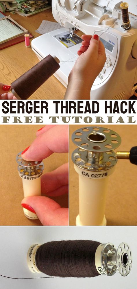 Serger Thread Hack Tutorial Serger Thread Storage Ideas, Serger Thread Storage, Serger Projects Ideas Free Pattern, Cone Thread Storage, Thread Hack, Serger Sewing Projects, Serger Patterns, Sewing Knowledge, Serger Tutorial