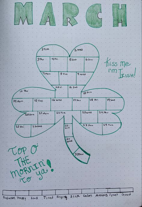 A shamrock with lines throughout to break it up into 31 chunks for March 2022 to track your mood. Mood Tracking Ideas, Christmas Mood Tracker Ideas, Mood Tracker For March, 2024 Mood Tracker, March Mood Tracker Ideas, March Weather Tracker, March Sleep Tracker, March Journal Ideas, Month Mood Tracker