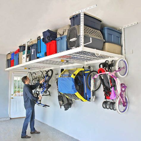 white 1 Organization Garage, Garage Storage Inspiration, Tote Organizer, Koti Diy, Garage Organisation, Overhead Garage Storage, Garage Storage Racks, Garage Storage Shelves, Overhead Garage