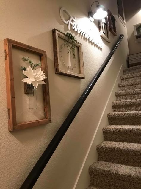 Stairway decor. Rustic/ country / farmhouse . Window frames Stairway Wall Decor, Stairs Wall Decor Ideas, Stairs Wall Decor, Decorating Stairway Walls, Stair Wall Decor, Stairway Walls, Farmhouse Staircase, Farmhouse Stairs, Stairway Wall