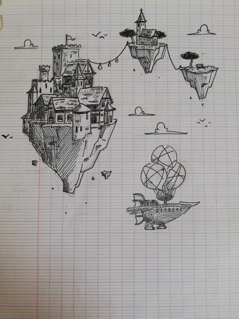 ☾~.~☕️follow me☕️~.~☾ Imaginary Space Drawing, Floating Land Drawing, Sky Island Drawing, Floating Island Drawing Simple, Floating House Drawing, Fantasy Sketch Ideas, Floating City Drawing, Flying Island Drawing, Floating Island Sketch