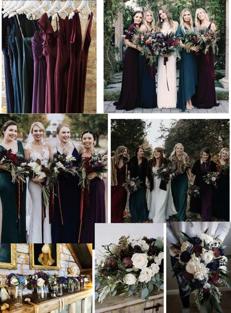 Dark Bridesmaid Dresses Fall, Deep Winter Wedding Colors, Dark Floral Bridesmaid Dresses, Jewel Tone Wedding Winter, Moody Jewel Tone Bridesmaid Dresses, Deep Jewel Tone Wedding, Dark Bridesmaid Dresses Mismatched, Moody Jewel Tone Wedding Color Palettes, Jewel Tone Wedding Theme Colour Palettes