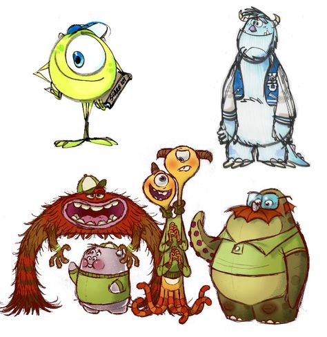 The Making of Disney Pixar's Monsters University: Sketches and Early Drawings Monsters Inc Character Design, Monster Inc Characters, Monsters Inc Art, Pixar Sketches, Monster's University, Pixar Concept Art, Monsters Inc Characters, Monsters Inc University, Mike And Sulley