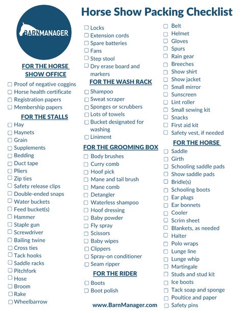 Printable horse show packing list! #HorseShow #HorseShowPackingList Horse Show Packing List Equestrian, Horse Show Checklist English, Horse Show List, Horse Show Essentials, Horse Show Names Ideas, Horse Show Packing List, Horse Journal Ideas, First Horse Checklist, Horse Show Hacks