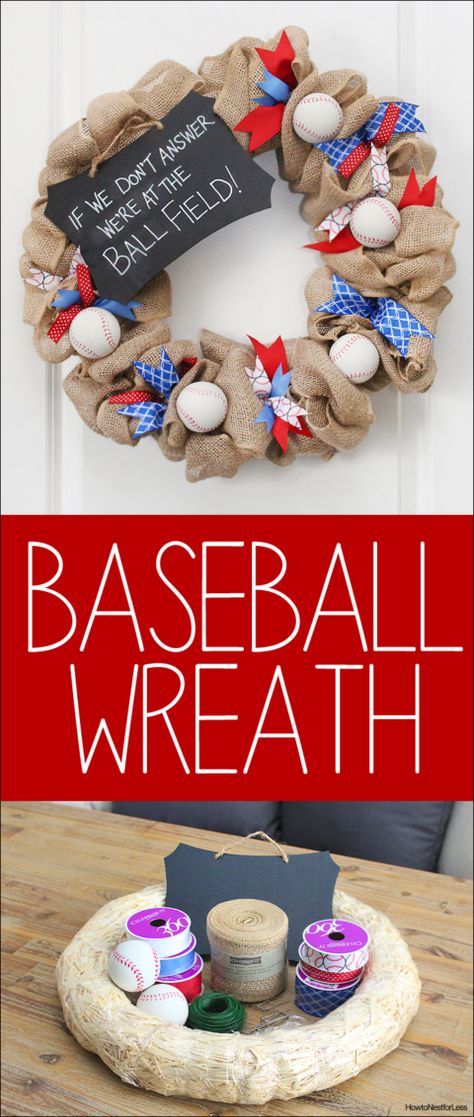 easy diy baseball wreath Baseball Wreaths For Front Door Diy, Baseball Wreaths For Front Door, Baseball Project, Baseball Wreath, Baseball Wreaths, Baseball Crafts, Sports Wreaths, Baseball Decor, Door Hangers Diy