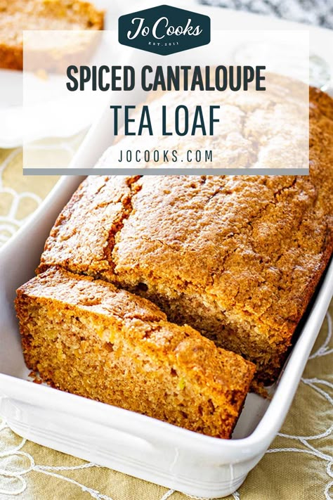 Spiced Cantaloupe Tea Loaf - This unique recipe uses sweet, juicy ripe cantaloupe, a touch of cinnamon and ginger, all baked into a warm loaf. #cantaloupe #recipes #loaf #tealoaf Cantaloupe Canning Recipes, Cantaloupe Recipes Desserts, Cantaloupe Pie Recipe, Cantaloupe Bread Recipe, Melon Dessert Recipes, Canning Cantaloupe Recipes, Recipes With Cantaloupe, Cantaloupe Pie, Cantaloupe Bread