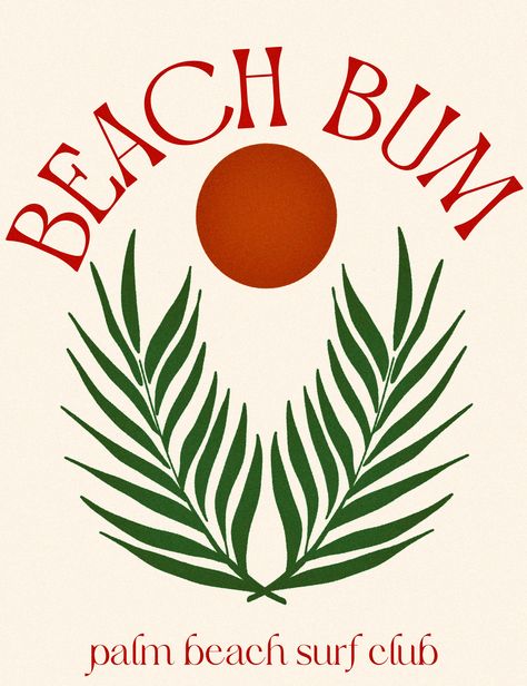 Beach Bum Palm Beach Surf Club graphic with burnt orange sun and deep green Palm leaves Beach Club Logo, Bachelorette Party Veils, White Bridal Shower Dress, Bohemian Hotel, Party Veil, Patch Ideas, Menswear Details, Cuban Art, Club Aesthetic