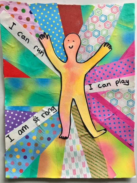 An art project that incorporates body positive affirmations and collage. Affirmation Crafts For Kids, Affirmation Art Projects, Emotion Art For Kids, Affirmation Crafts, Positivity Activities, Counseling Classroom, Body Positive Art, Body Image Art, Positive Affirmations For Kids