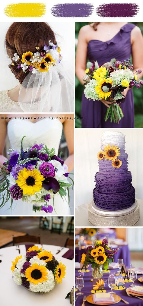 sunflower yellow and purple classic wedding color theme Navy Blue Lavender And Yellow Wedding, Color Themed Wedding Ideas, Sunflower And Lavender Centerpieces, Purple Flowers And Sunflowers, Summer Sunflower Wedding Color Schemes, Purple Black Sunflower Wedding, Purple And Yellow Fall Wedding, Purple Teal And Sunflower Wedding, Purple And Sunflower Wedding Ideas