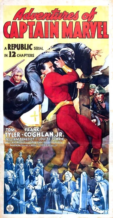 Louise Currie and Tom Tyler in Adventures of Captain Marvel (1941) Original Captain Marvel, Lon Chaney Jr, Captain Marvel Shazam, Old Movie Poster, Steve Reeves, Marvel Movie Posters, Old Movie, Marvel Posters, Bd Comics