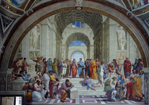 RENAISSANCE- Raphael, School of Athens this painting symbolizes what the renaissance was, a combining of minds and philosophies from the past and present.  It is also a prime example of R.'s use of the grid to balance his work. Raphael Sanzio, School Of Athens, Istoria Artei, Vatican Museums, Sistine Chapel, Arts Ed, Ap Art, Art And Architecture, 그림 그리기